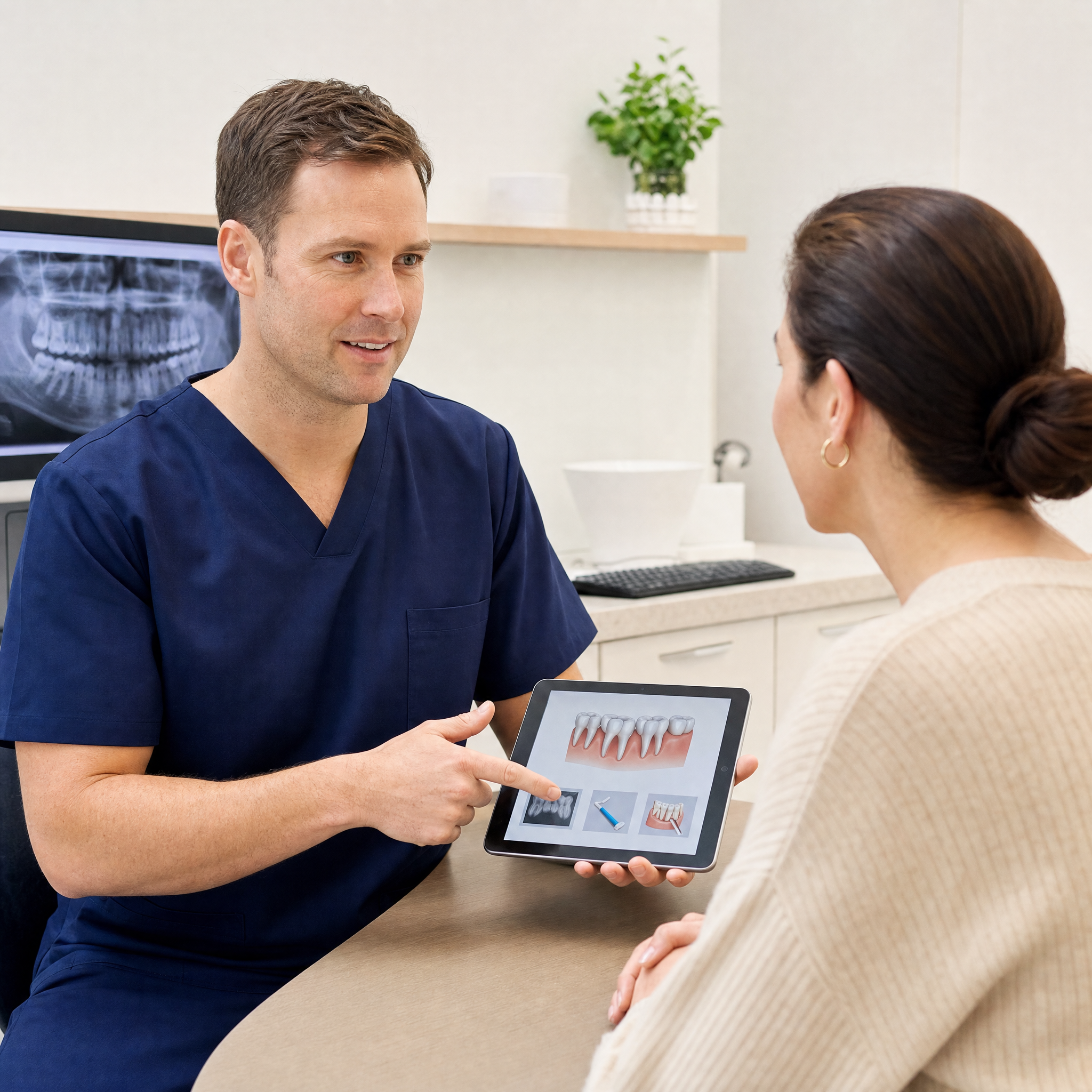 Dentist using a tooth model to explain dental care to a patient